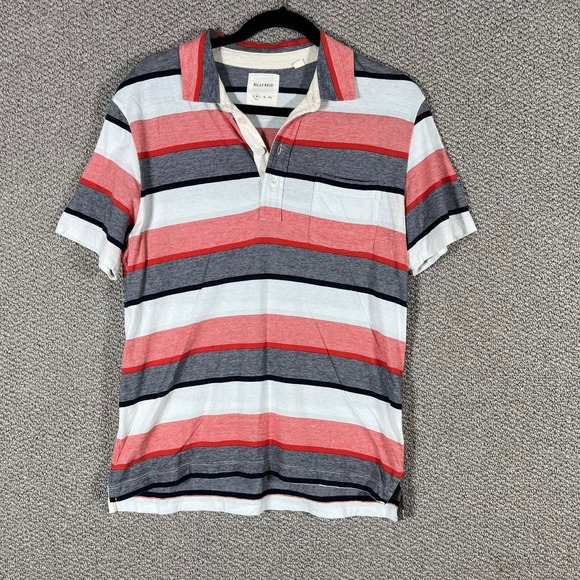 Billy Reid Polo Shirt Mens Medium Gray Red Striped‎ Short Sleeves Pocket Casual - Picture 1 of 11